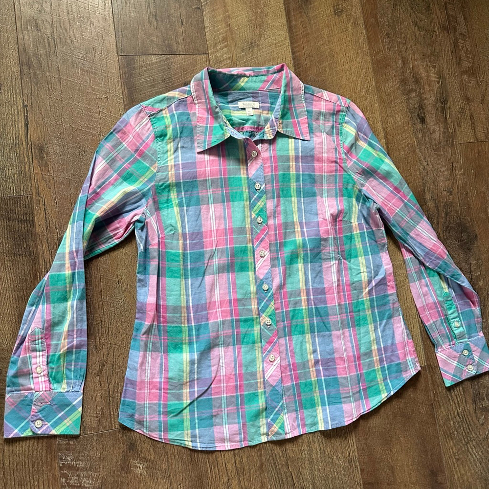 Women's Talbots Petite Plaid Button Down Shirt MP Easter Spring